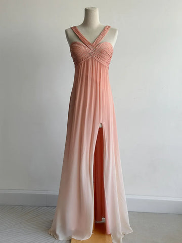 Niulatu V-neck Sheath Long Prom Dresses Vintage Chiffon Peach Evening Dress with Slits HZ1026